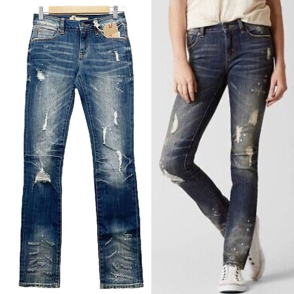 NWT Remix by Rock Revival Straight Leg Jeans in Destroyed Indigo Wash Size 24 - Picture 1 of 16